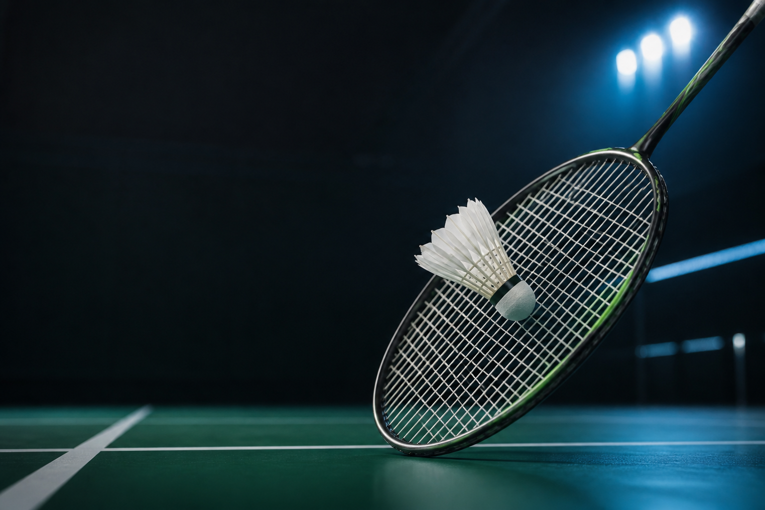 Premium badminton racket and shuttlecock on an indoor court